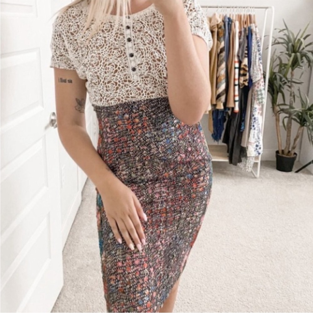 Byron Lars White Crochet Top with Multicolor Tweed Pencil Skirt